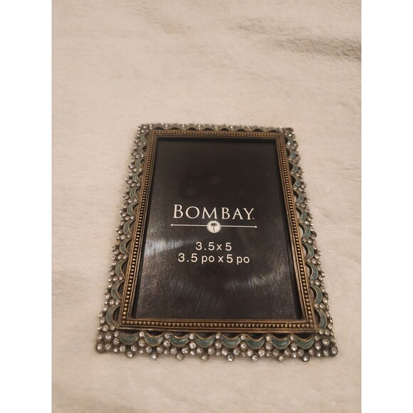 Vintage Bombay Co Ornate Enameled Green and Rhinestones Picture Frame 3.5x5 - Picture 2 of 4